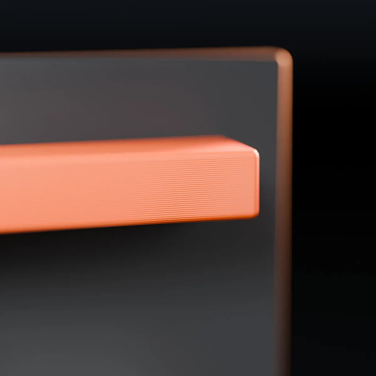 Close-up of the printed Strakt logo: orange top layer with fine print lines (rendering)